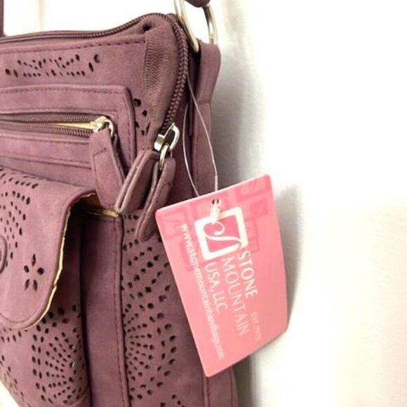 Stone Mountain Purse Cross Body Shoulder Bag Nubuck Perforated Burgundy (Plum) - Picture 3 of 5